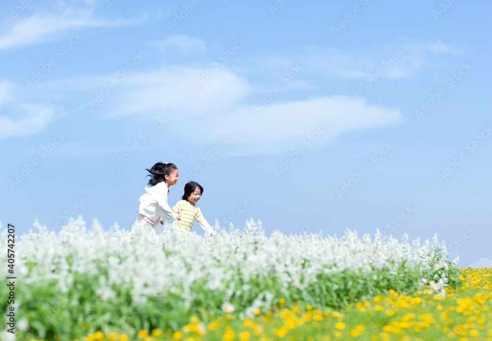 花畑を走る女の子と男の子 花畑を走る女の子と男の子