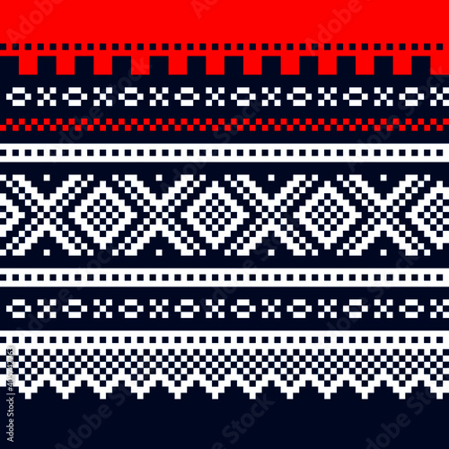 Vector fashion illustration of mari / marius traditional Norwegian sweater seamless pattern in red blue and white