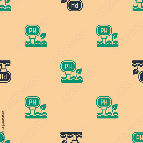 Green and black Soil ph testing icon isolated seamless pattern on beige background. PH earth test. Vector.