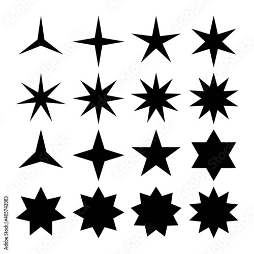 Vector set of simple black stars symbols. From three point to eight point stars icon collection