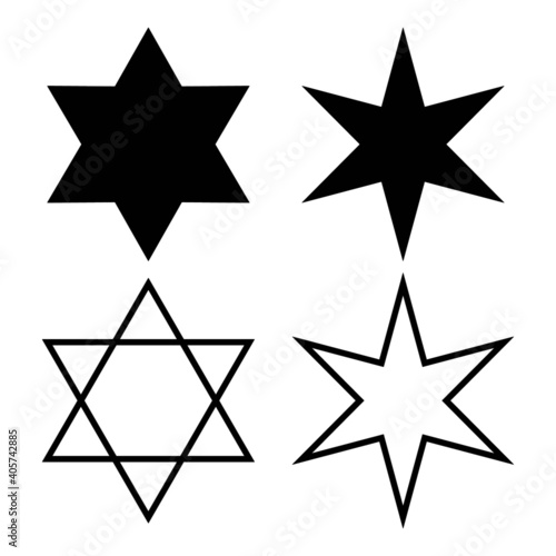 Vector icon set of six point stars, including the star of David 