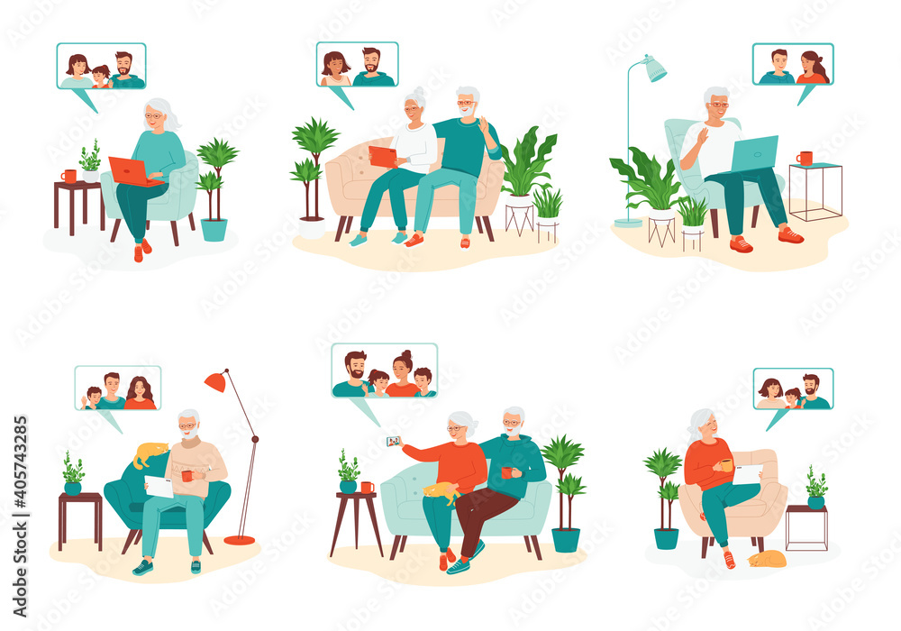 Senior people communicate with families via video calls. Concept remote family meetings with elderly. Grandma, grandpa, children, parents talk using a laptop, phone, tablet. Set of vector illustration