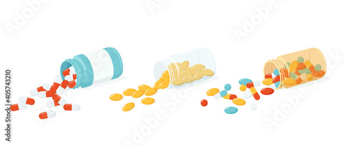 Vitamins and pills in bottle. Antiviral drug in capsules. Medical container for tablets. Set of vector illustration isolated on white background