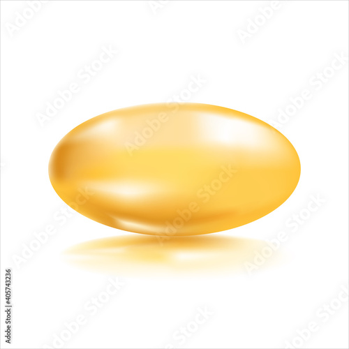 Realistic omega-3 gel capsule, fish oil, collagen essence, vitamin A, E. Oval golden tablet in gelatin shell, pill isolated on white. Vector illustration