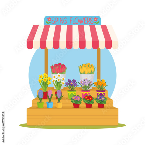 A flower stall open with an awning with spring garden flowers in pots and tulips in buckets. Vector illustration, postcard, icon, sticker, poster