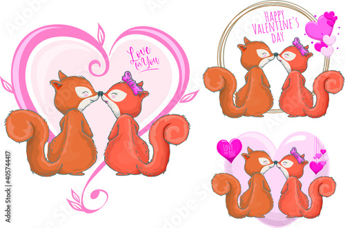 Vector illustration of cute squirrel couple kissing. Cute Valentine Moments for Your Love Cards