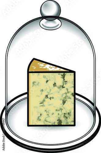 A wedge of blue cheese in a bell jar.