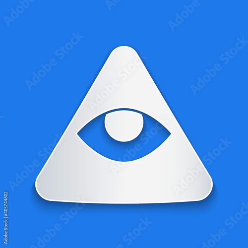 Paper cut Masons symbol All-seeing eye of God icon isolated on blue background. The eye of Providence in the triangle. Paper art style. Vector.