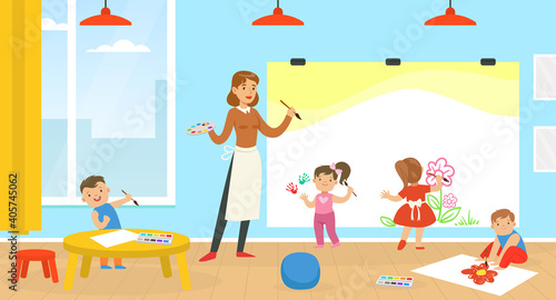 Teacher Teaching Kids to Paint, Children Painting at Kindergarten or School, Early Development Concept Vector Illustration