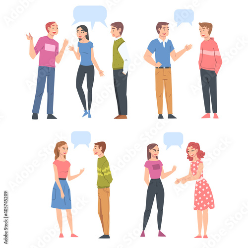Young People Talking to Each Other with Speech Bubbles Set, Friends or Colleagues Gossiping, Chatting or Sharing Impressions Cartoon Style Vector Illustration