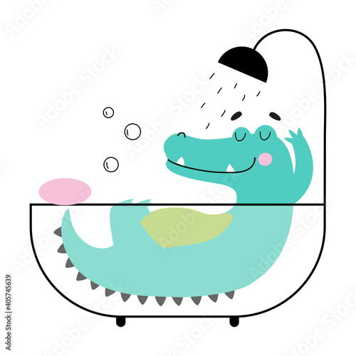 Cute Crocodile Taking Bath, Funny Alligator Predator Animal Character Cartoon Style Vector Illustration