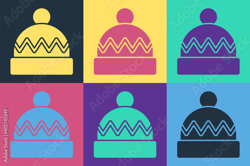 Pop art Winter hat icon isolated on color background. Vector.