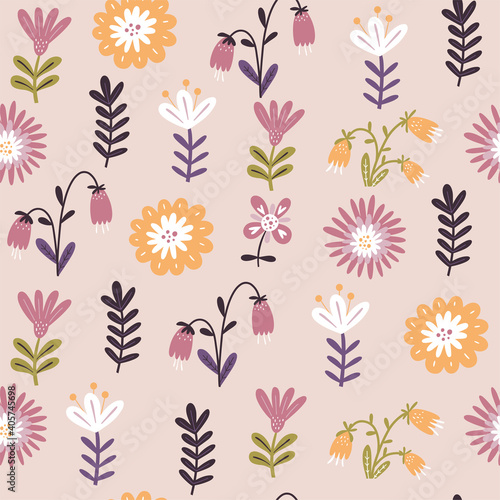 Floral seamless pattern with flowers, hand drawn elements. Blooming flowers, floral paper, spring scrapbook. Vector illustration.