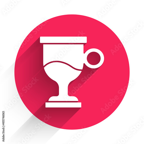 White Mulled wine with glass of drink and ingredients icon isolated with long shadow. Cinnamon stick, clove, lemon slice. Red circle button. Vector.