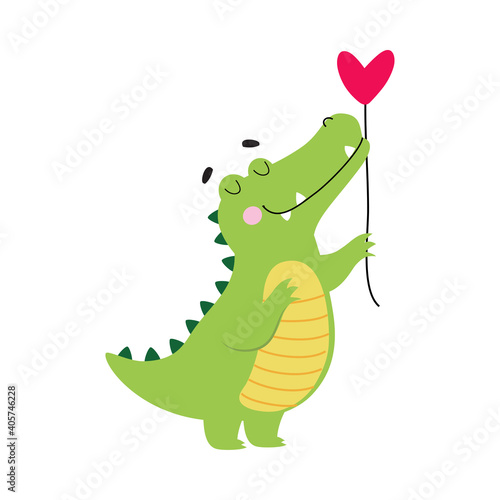 Cute Crocodile Holding Heart Shaped Balloon, Funny Alligator Predator Green Animal Character Cartoon Style Vector Illustration