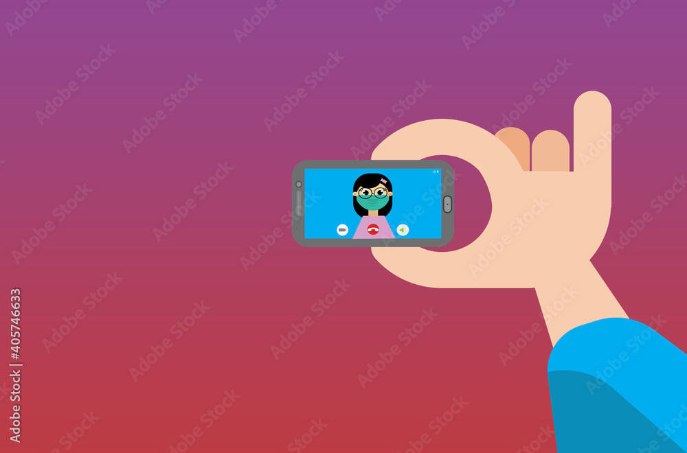 Drawing of a hand, holding a phone, representing a video call. In the phone screen a girl with a Facial mask. Valentine's Day Covid Concept. Drawing of a hand, holding a phone, representing a video call. In the phone screen a girl with a Facial mask. Valentine's Day Covid Concept.