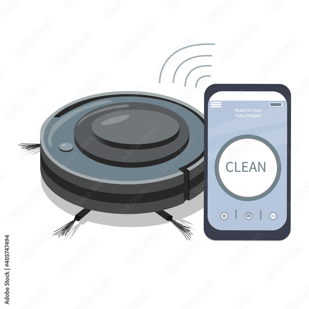 A smartphone app that controls a robot vacuum cleaner. Modern household appliances for cleaning apartments. Smart appliances. Wireless connection. Household Assistant. Vector. A smartphone app that controls a robot vacuum cleaner. Modern household appliances for cleaning apartments. Smart appliances. Wireless connection. Household Assistant. Vector.