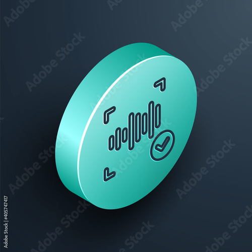 Isometric line Voice recognition icon isolated on black background. Voice biometric access authentication for personal identity recognition. Cyber security. Turquoise circle button. Vector.