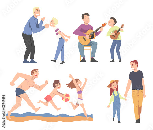 Happy Fathers Spending Time Together with Their Children Set Cartoon Style Vector Illustration