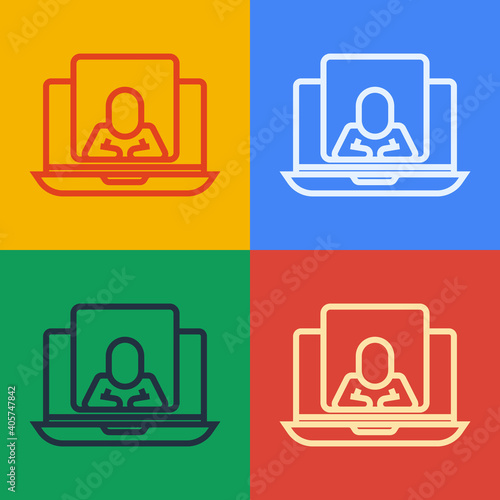 Pop art line Online psychological counseling distance icon isolated on color background. Psychotherapy, psychological help, psychiatrist online consulting. Vector.