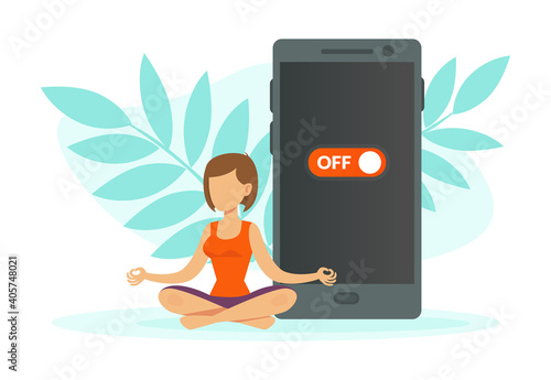 Young Woman Meditating and Relaxing with Turned off Smartphone, Digital Detox Concept Cartoon Vector Illustration