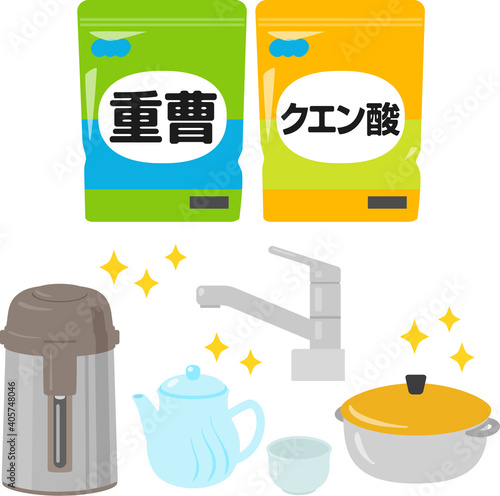 重曹とクエン酸とキッチン用品、台所掃除