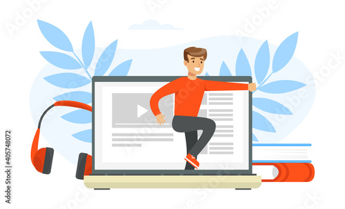 Young Man Stepping out of Computer Screen, Digital Detox Concept Cartoon Vector Illustration