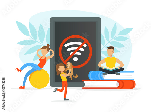 People Reading Books, Doing Fitness and Playing with Animals without Gadgets, Digital Detox Concept Cartoon Vector Illustration