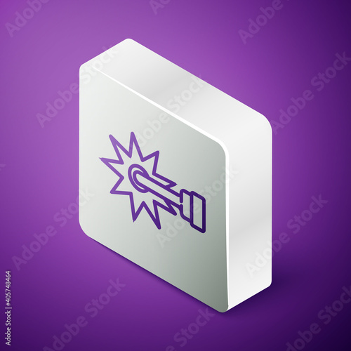 Isometric line Cowboy horse riding spur for boot icon isolated on purple background. Silver square button. Vector.