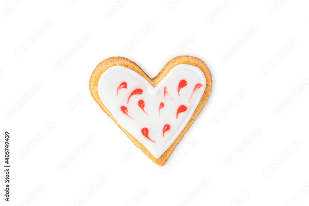 Heart shaped cookie decorated with sugar icing isolated on white