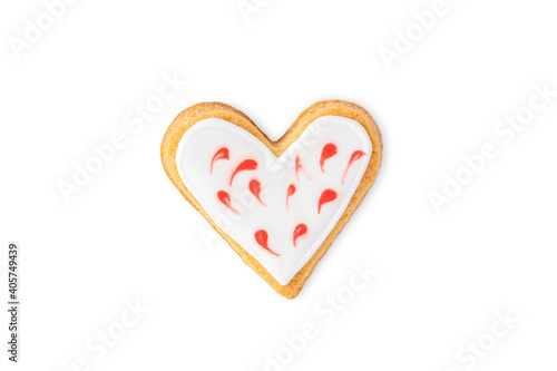 Heart shaped cookie decorated with sugar icing isolated on white