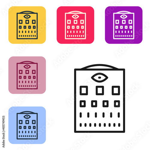 Black line Eye test chart icon isolated on white background. Poster for vision testing in ophthalmic study. Snellen chart. Set icons in color square buttons. Vector.