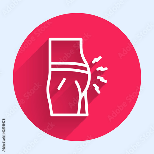 White line Abdominal bloating icon isolated with long shadow. Constipation or diarrhea. Red circle button. Vector.