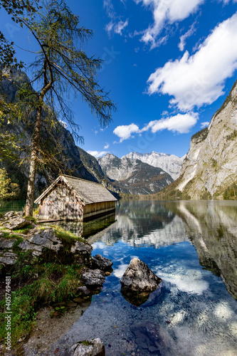 Boat house at the Obersee in Berchtesgadener Land  Bavaria  Germany.