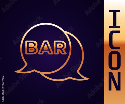 Gold line Street signboard with inscription Bar icon isolated on black background. Suitable for advertisements bar, cafe, restaurant. Vector.