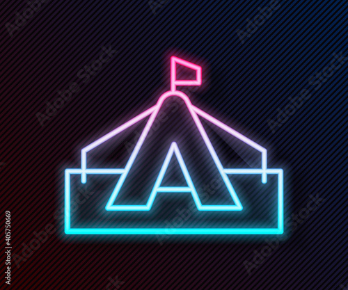 Glowing neon line Tourist tent icon isolated on black background. Camping symbol. Vector.