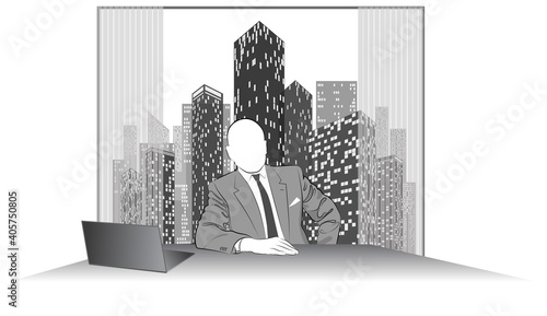 The image of a man in a business suit at a work table against a background of skyscrapers