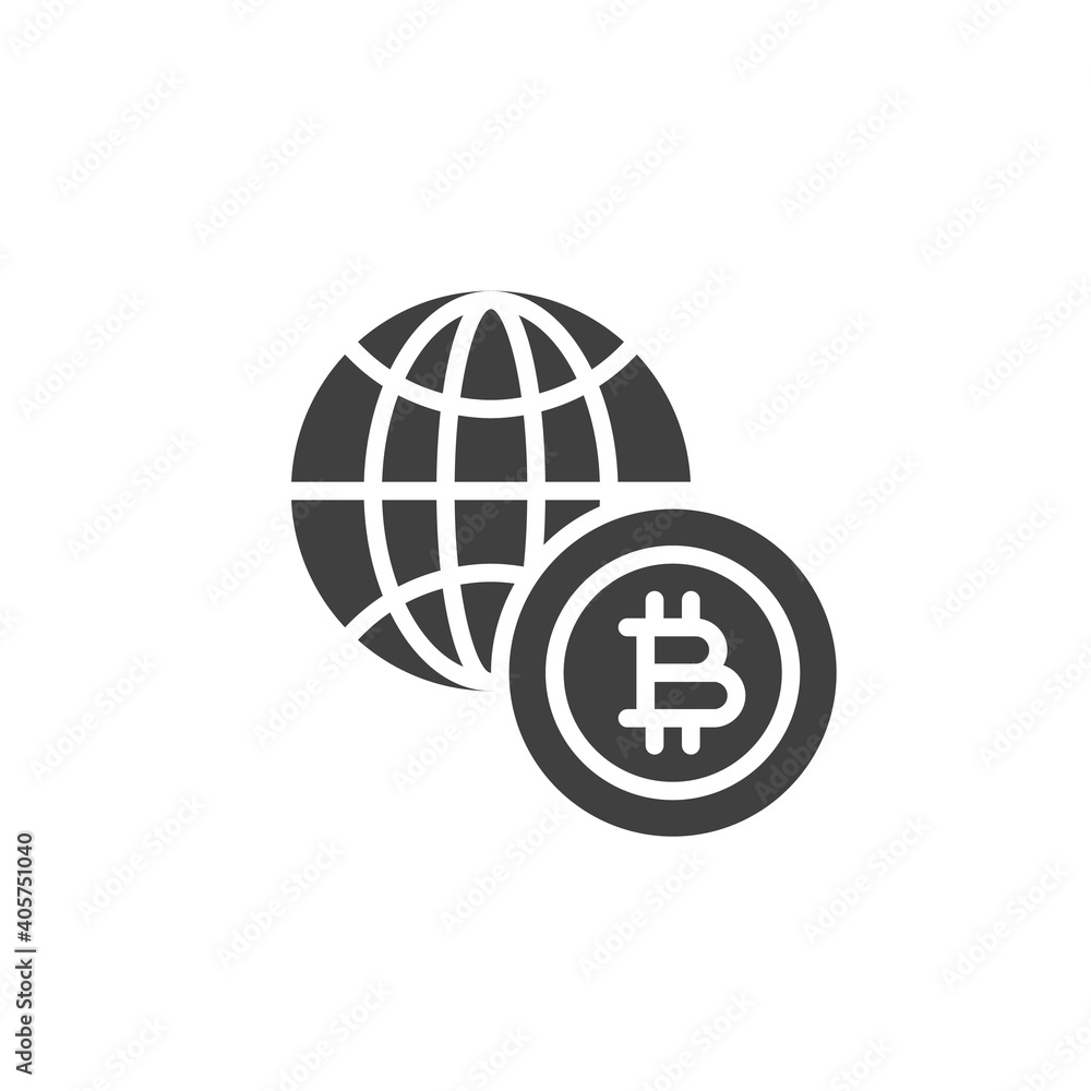 Global cryptocurrency money vector icon. filled flat sign for mobile concept and web design. Bitcoin and globe glyph icon. Symbol, logo illustration. Vector graphics Global cryptocurrency money vector icon. filled flat sign for mobile concept and web design. Bitcoin and globe glyph icon. Symbol, logo illustration. Vector graphics