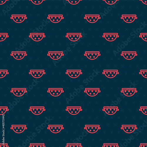 Red line Kitchen colander icon isolated seamless pattern on black background. Cooking utensil. Cutlery sign. Vector.
