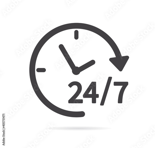 24-7 service icon isolated on white background. Flat design. 24-7 open concept. Vector illustration.