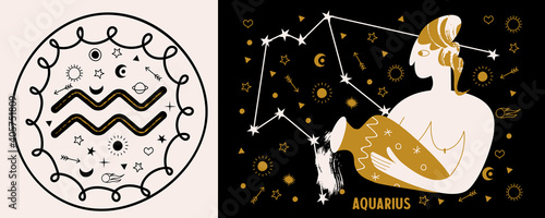 Horoscope and astrology. The zodiac sign Aquarius. Black and gold. Vector illustration in a flat style.