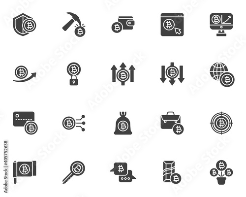 Blockchain technology vector icons set, modern solid symbol collection, filled style pictogram pack. Signs logo illustration. Set includes icons as bitcoin cryptocurrency mining, bitcoin increase rate