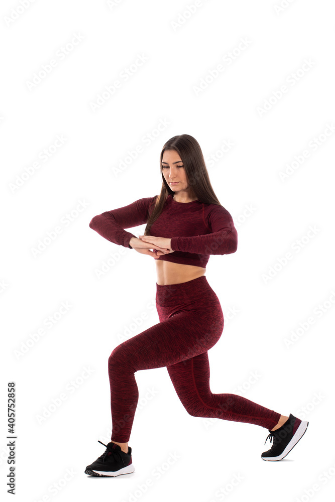 sporty young woman doing stretching lunge exercise isolated, woman with perfect body is doing stretching exercise sporty young woman doing stretching lunge exercise isolated, woman with perfect body is doing stretching exercise