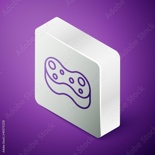 Isometric line Sponge icon isolated on purple background. Wisp of bast for washing dishes. Cleaning service logo. Silver square button. Vector.