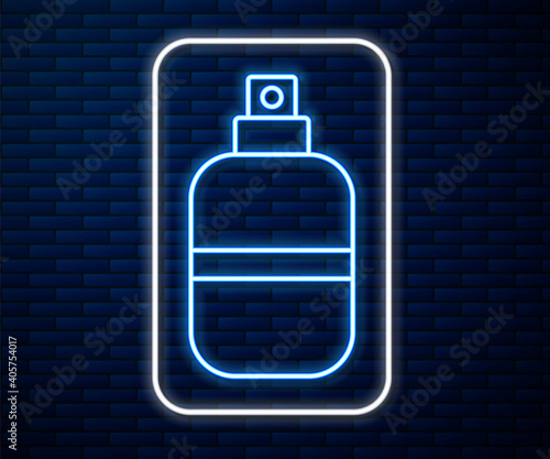 Glowing neon line Perfume icon isolated on brick wall background. Vector.