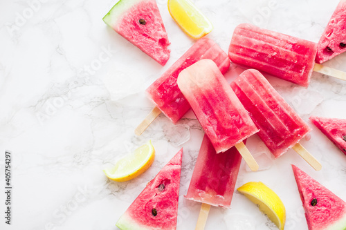 Homemade watermelon popsicles with ice
