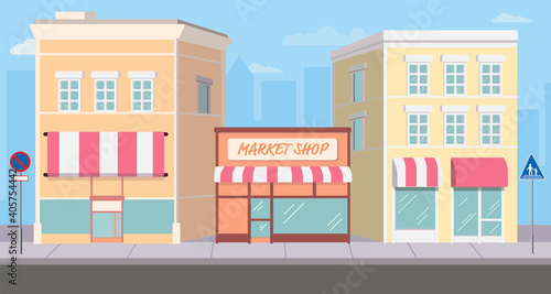 Flat Building And Shopping Street Market with traffic sign on footpath.Vector illustration.Cityscape on main street.Shop facade on road with silhouette town background.Modern store buildings outdoor.