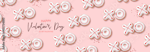 Happy Valentine's Day holiday banner. Holiday background with realistic XO cookies and red confetti on pink background. Vector illustration with 3d decorative objects for Valentine's Day.