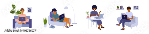 Stay, work or study at home. Diverse young men and women sit on chair, at table or lie on sofa in room apartment. People working using laptop, making video call, networking. Set of vector illustration
