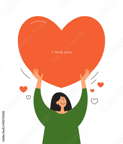 Happy girl holding big red heart in hands above head. Valentine postcard with inscription I love you. Greeting card for Mothers day. Love yourself, body positive concept. Self care vector illustration
